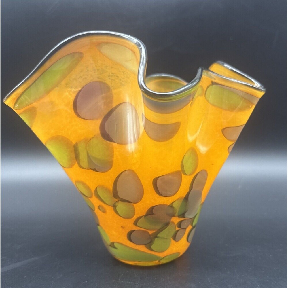 Jariufatoy Glass By Youghiogheny Art Glass ORANGE GREEN GRAY Handkerchief Vase - Picture 1 of 10
